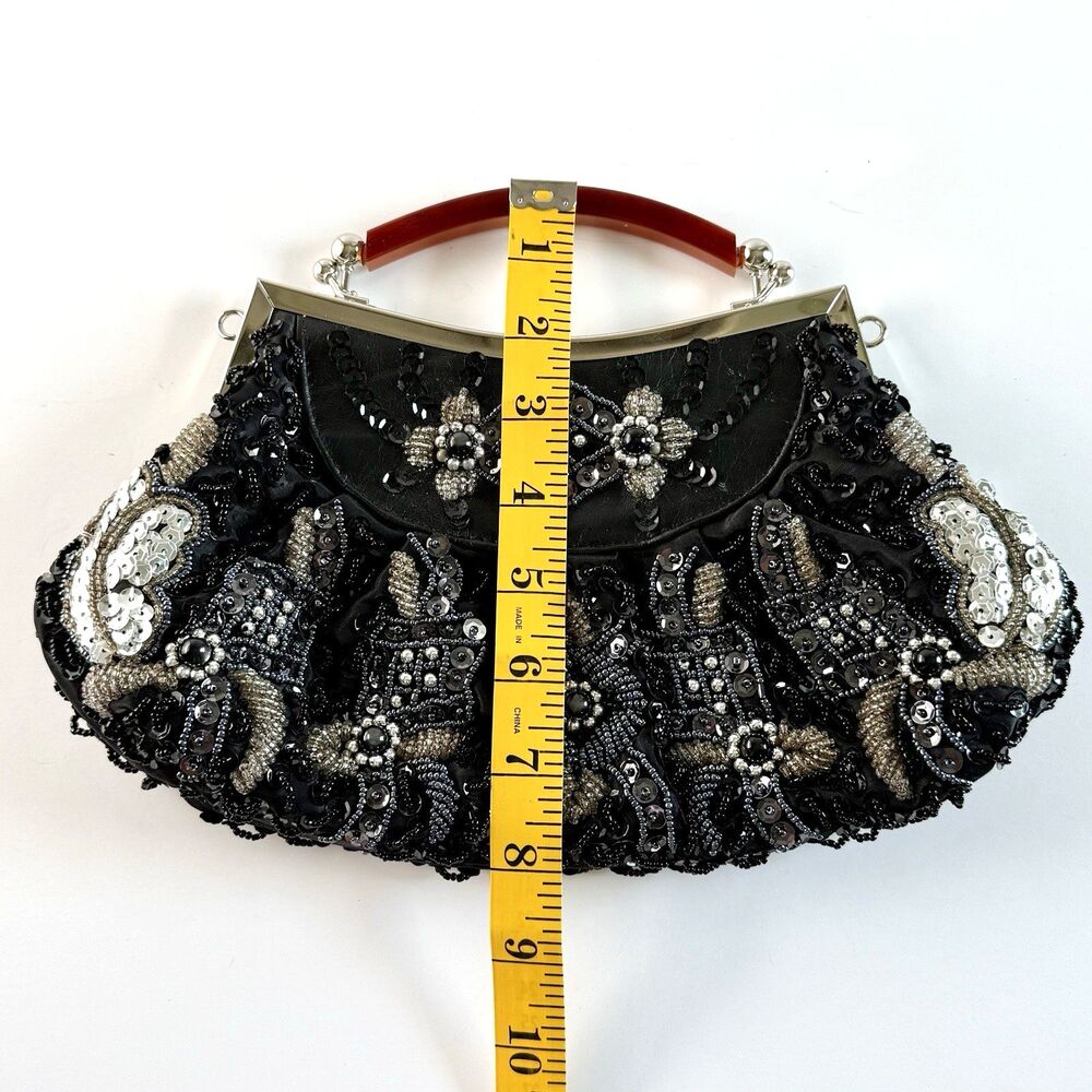 LEXI Int'l Black Satin Sequin Beaded Tortoise Handled Evening Clutch Purse Retro - Picture 10 of 13